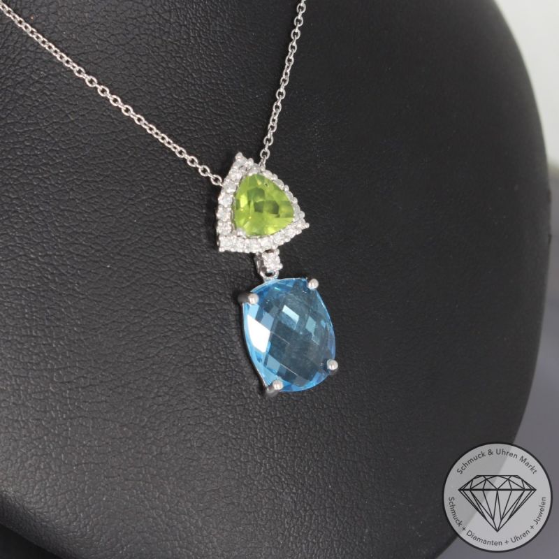 Wert 1290 € Brillant Topas Peridot Anhänger mit Kette in 750er 18 K Weißgold - 95115