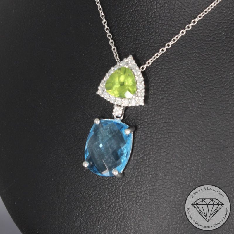 Wert 1290 € Brillant Topas Peridot Anhänger mit Kette in 750er 18 K Weißgold - 95115