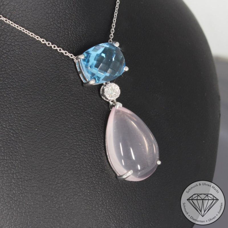 Wert 1360 € Brillant Topas Rosenquarz Anhänger mit Kette in 750er 18 K Weißgold - 95117