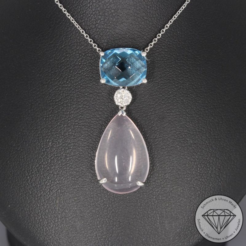 Wert 1360 € Brillant Topas Rosenquarz Anhänger mit Kette in 750er 18 K Weißgold - 95117