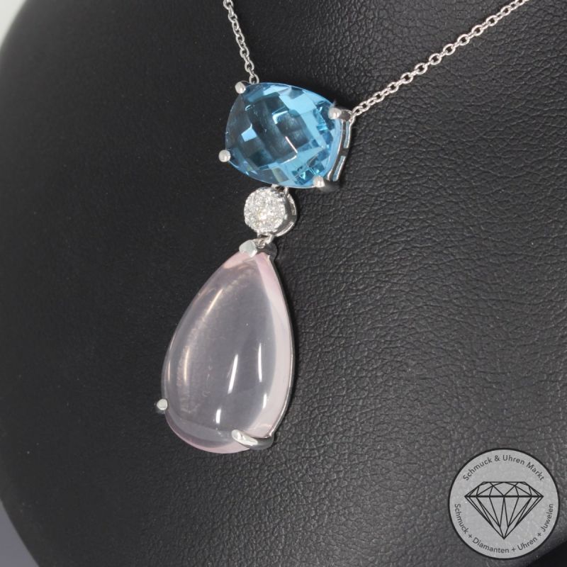 Wert 1360 € Brillant Topas Rosenquarz Anhänger mit Kette in 750er 18 K Weißgold - 95117