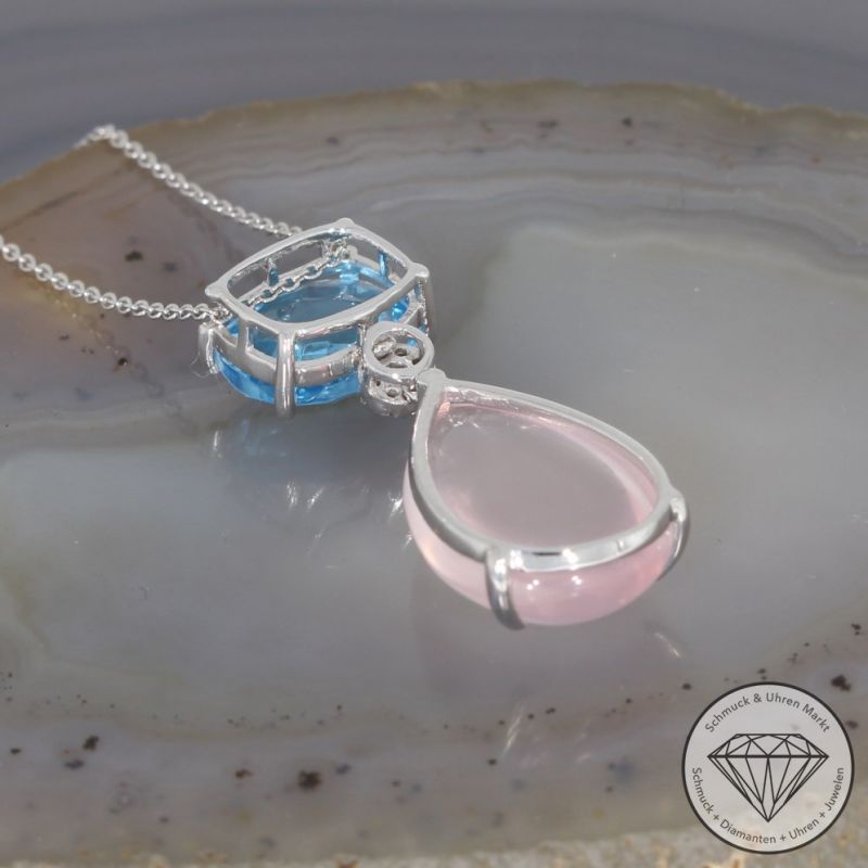 Wert 1360 € Brillant Topas Rosenquarz Anhänger mit Kette in 750er 18 K Weißgold - 95117