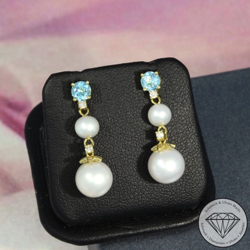 Wert 1130 € Brillant Topas Perlen Ohrringe in 750er 18 K Gelbgold - 95153