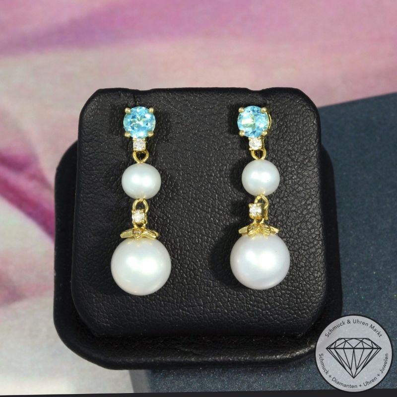 Wert 1130 € Brillant Topas Perlen Ohrringe in 750er 18 K Gelbgold - 95153