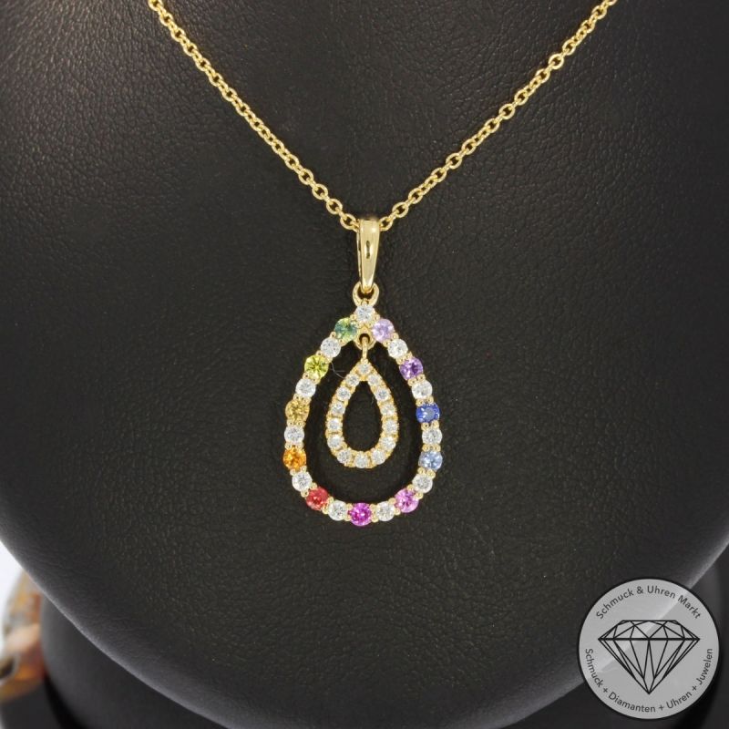 Wert 2350 € Brillant Saphir Anhänger mit Kette in 585er 14 K Gelbgold - H1073
