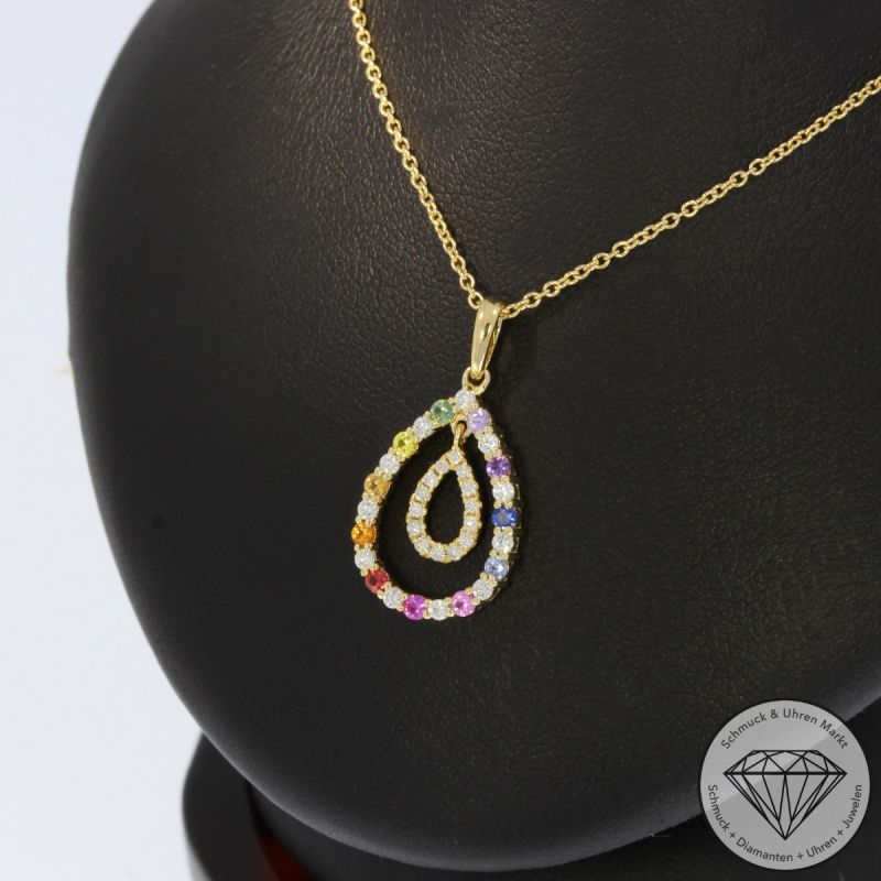 Wert 2350 € Brillant Saphir Anhänger mit Kette in 585er 14 K Gelbgold - H1073