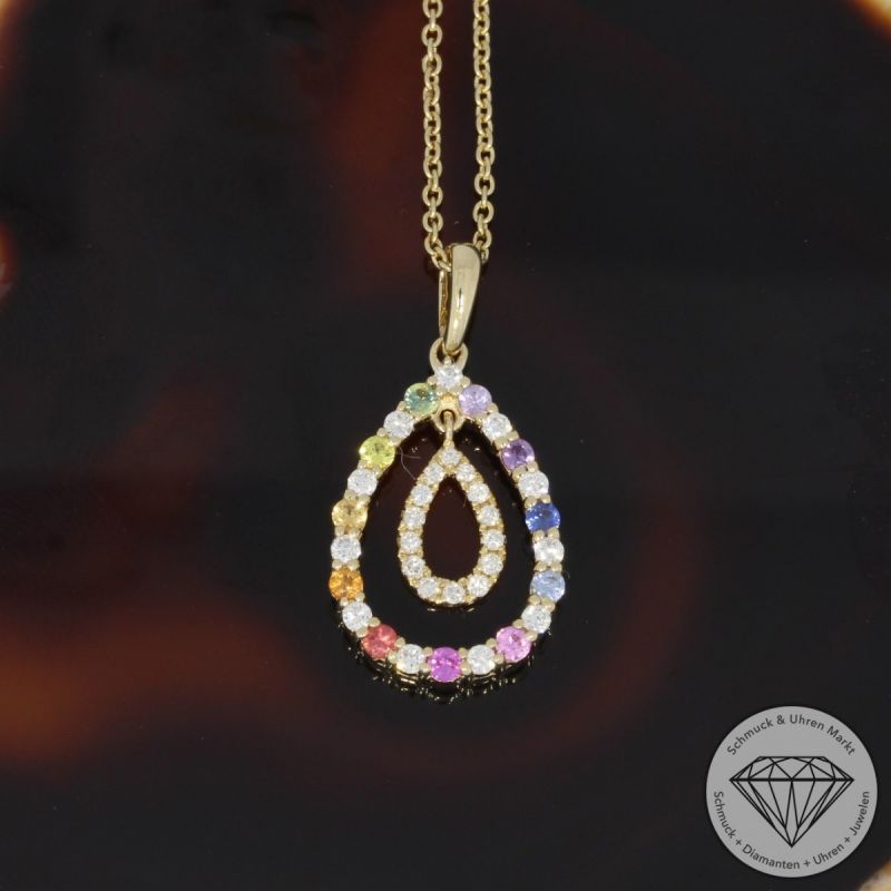 Wert 2350 € Brillant Saphir Anhänger mit Kette in 585er 14 K Gelbgold - H1073