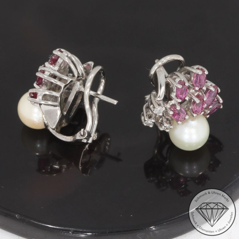 Wert 2100 € Diamant Rubin Perl Ohrringe in 585er 14 K Weißgold - 95893