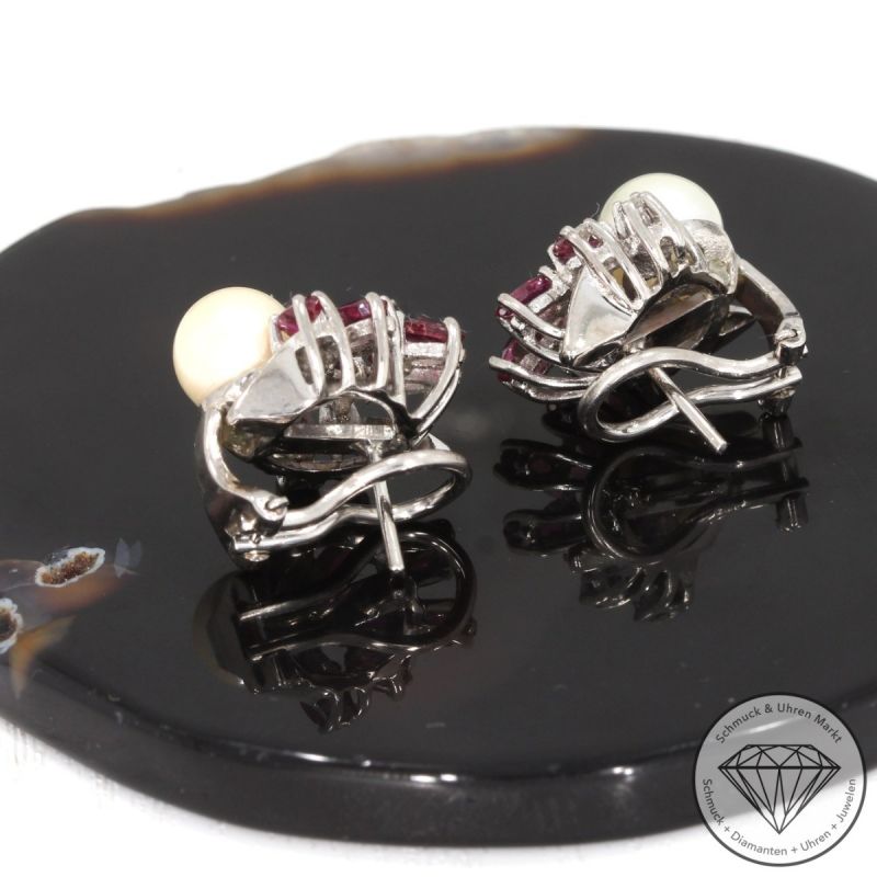 Wert 2100 € Diamant Rubin Perl Ohrringe in 585er 14 K Weißgold - 95893