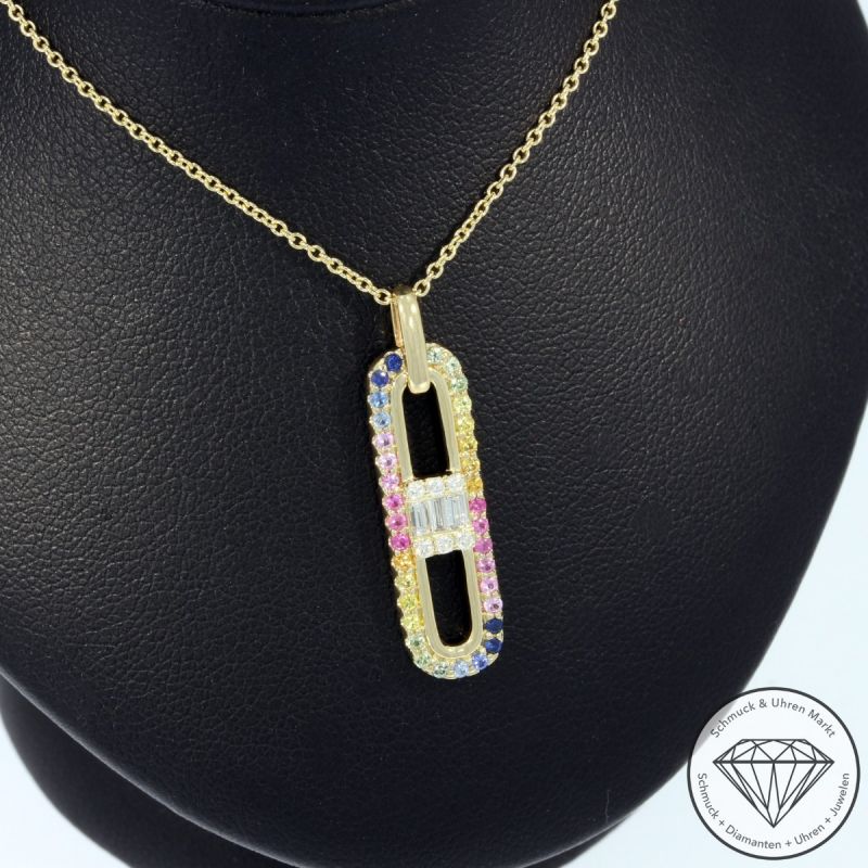 Wert 2450 € Brillant Diamant Saphir Anhänger mit Kette in 585er 14 K Gelbgold - H1351