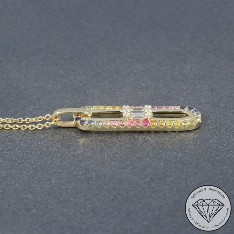 Wert 2450 € Brillant Diamant Saphir Anhänger mit Kette in 585er 14 K Gelbgold - H1351