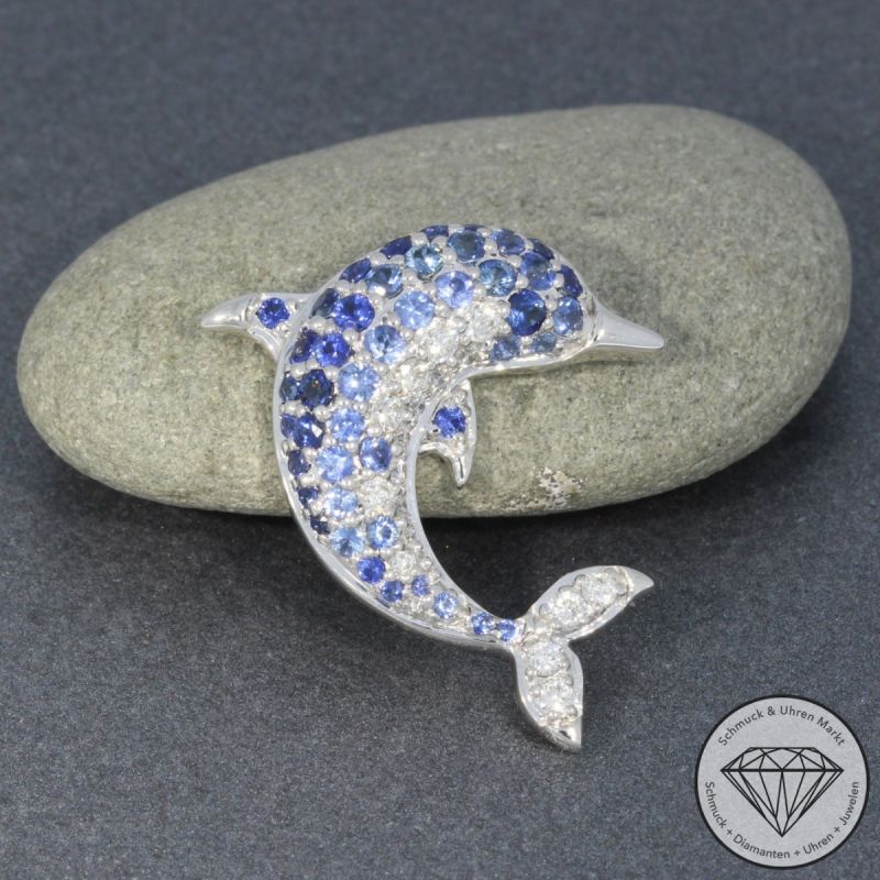 Wert 2650 € Brillant Saphir Delfin Anhänger in 585er 14 K Weißgold - H1340