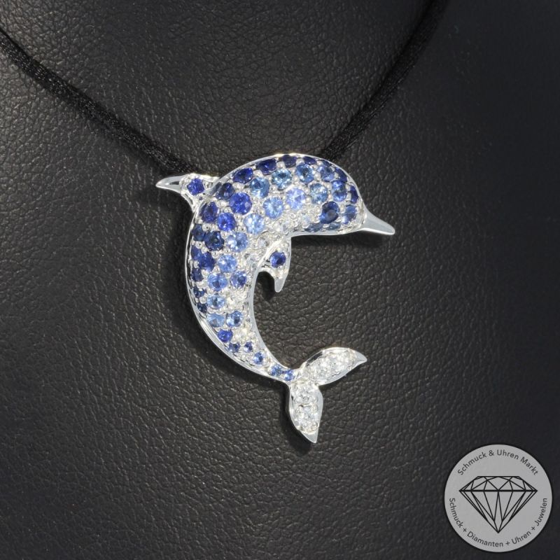 Wert 2650 € Brillant Saphir Delfin Anhänger in 585er 14 K Weißgold - H1340