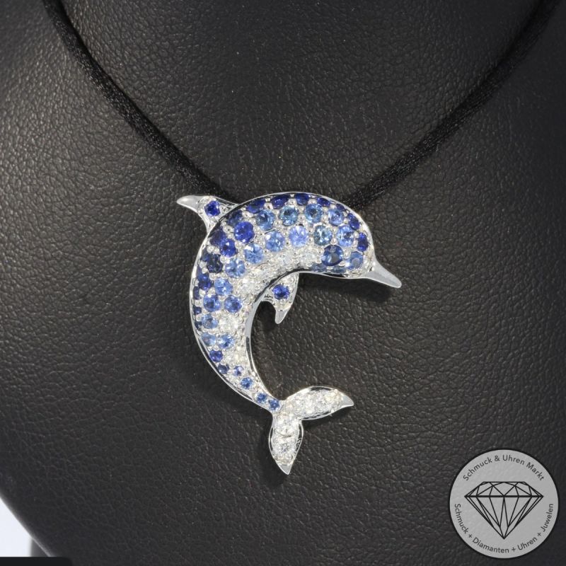 Wert 2650 € Brillant Saphir Delfin Anhänger in 585er 14 K Weißgold - H1340