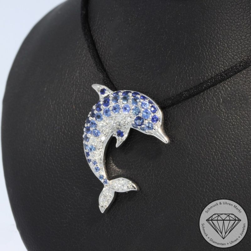 Wert 2650 € Brillant Saphir Delfin Anhänger in 585er 14 K Weißgold - H1340