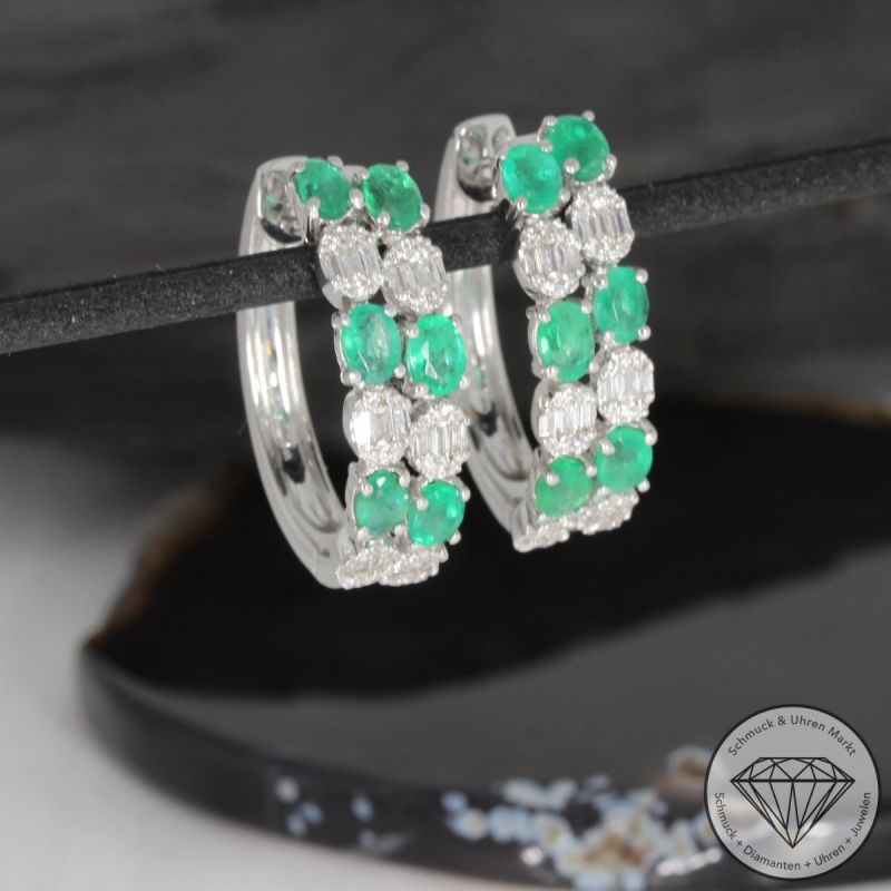 Wert 5290 € Brillant Diamant Smaragd Ohrringe Creolen in 750er 18 K Weißgold - 96350