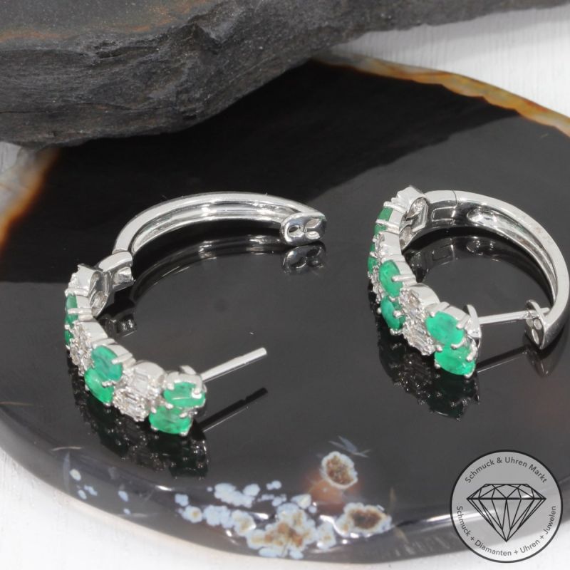 Wert 5290 € Brillant Diamant Smaragd Ohrringe Creolen in 750er 18 K Weißgold - 96350