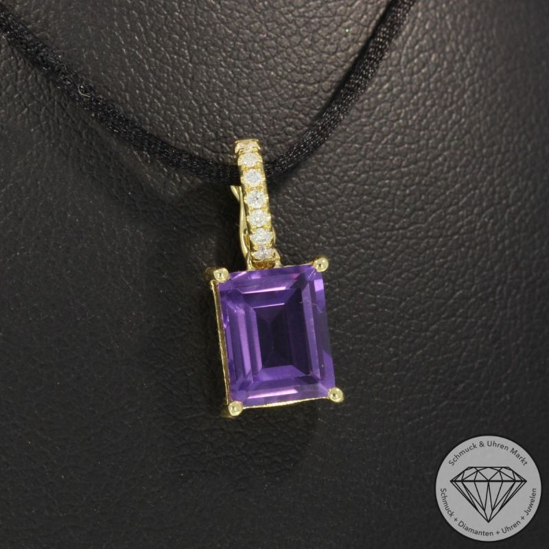 Wert 550 € Brillant Amethyst Anhänger in 750er 18 K Gelbgold - H1243