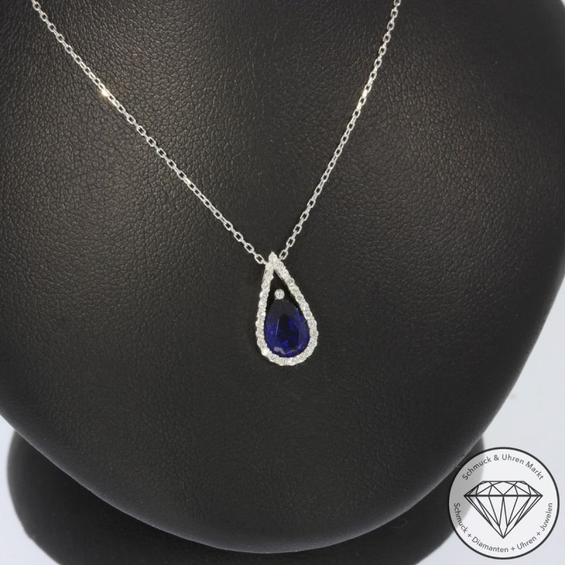 Sale! Wert 1160 € Brillant Saphir Anhänger & Kette in 585er 14 K Weißgold - H1297