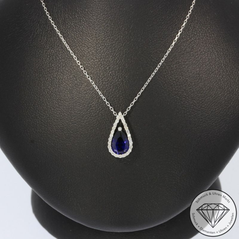 Sale! Wert 1160 € Brillant Saphir Anhänger & Kette in 585er 14 K Weißgold - H1297