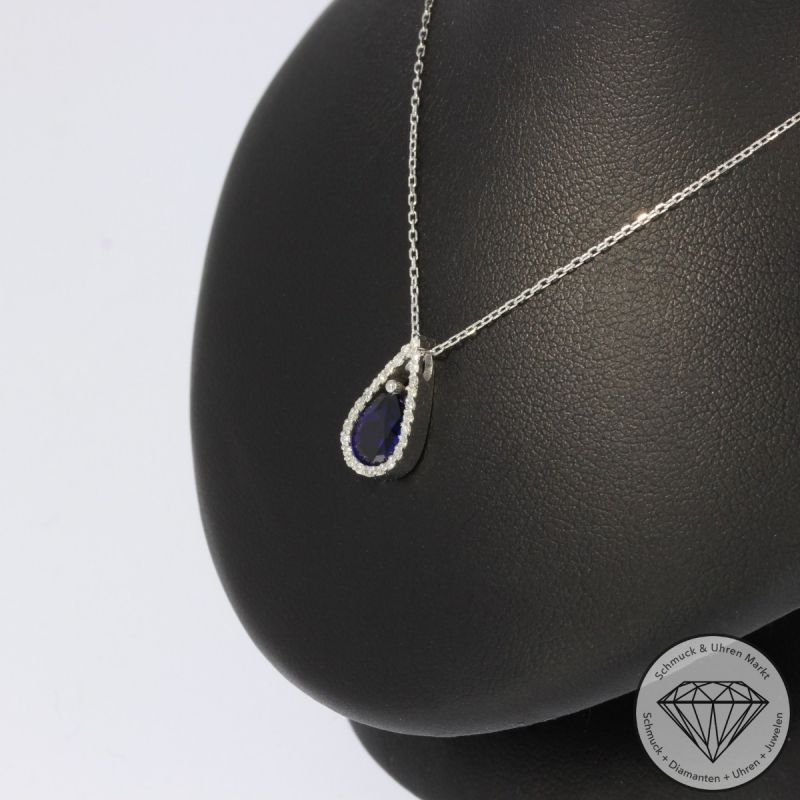 Sale! Wert 1160 € Brillant Saphir Anhänger & Kette in 585er 14 K Weißgold - H1297