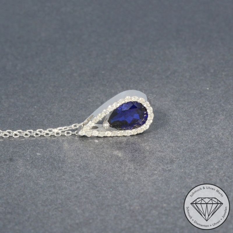 Sale! Wert 1160 € Brillant Saphir Anhänger & Kette in 585er 14 K Weißgold - H1297