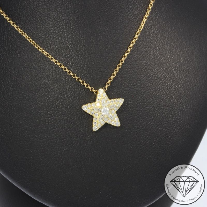 Sale! Wert 2140 € Brillant Diamant Stern Anhänger mit Kette in 750er 18 K Gelbgold - H1527