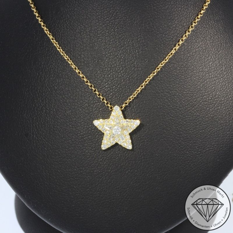 Sale! Wert 2140 € Brillant Diamant Stern Anhänger mit Kette in 750er 18 K Gelbgold - H1527