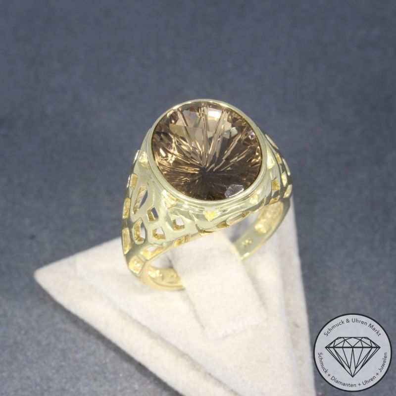 Wert 790 € Rauchquarz Ring 375er/9 Karat Gelb Gold Größe 56 – 97451