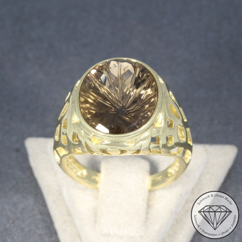 Wert 790 € Rauchquarz Ring 375er/9 Karat Gelb Gold Größe 56 – 97451