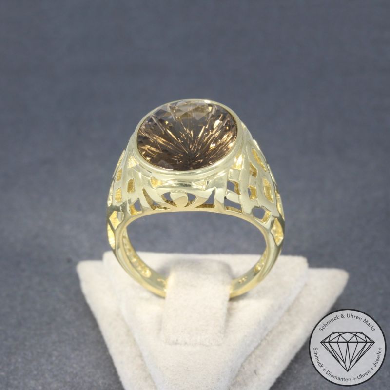 Wert 790 € Rauchquarz Ring 375er/9 Karat Gelb Gold Größe 56 – 97451