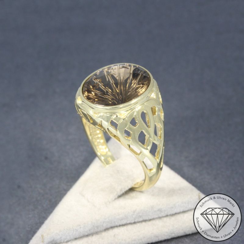 Wert 790 € Rauchquarz Ring 375er/9 Karat Gelb Gold Größe 56 – 97451