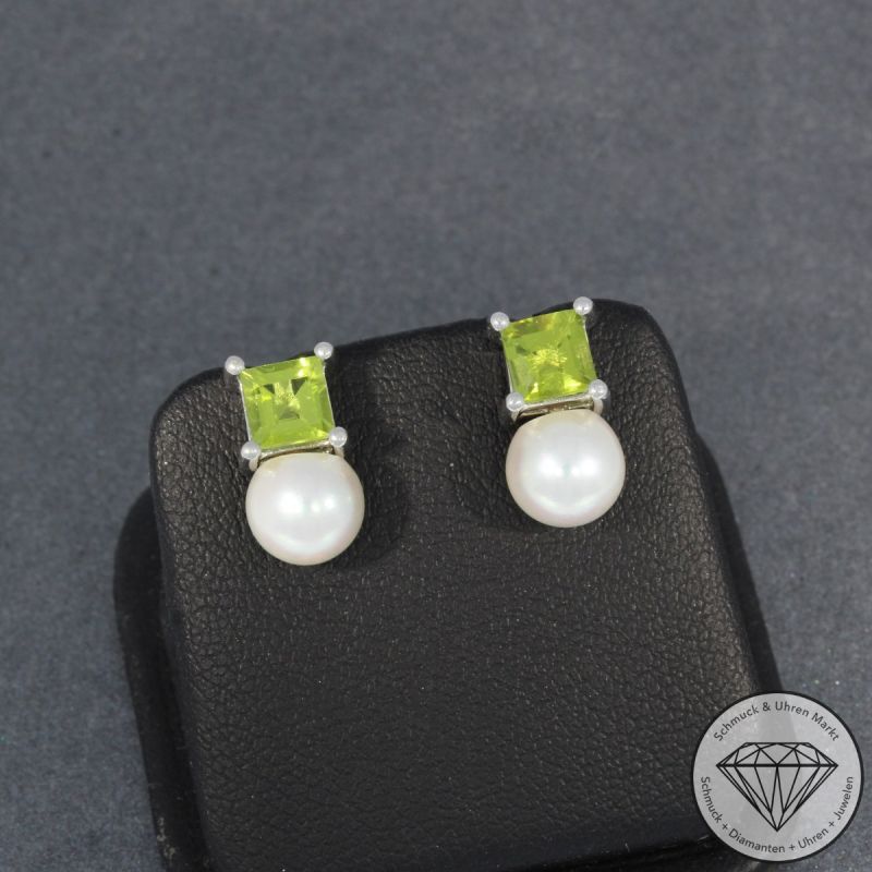 Wert 790 € Peridot Perl Ohrringe in 585er 14 K Weißgold - 97468