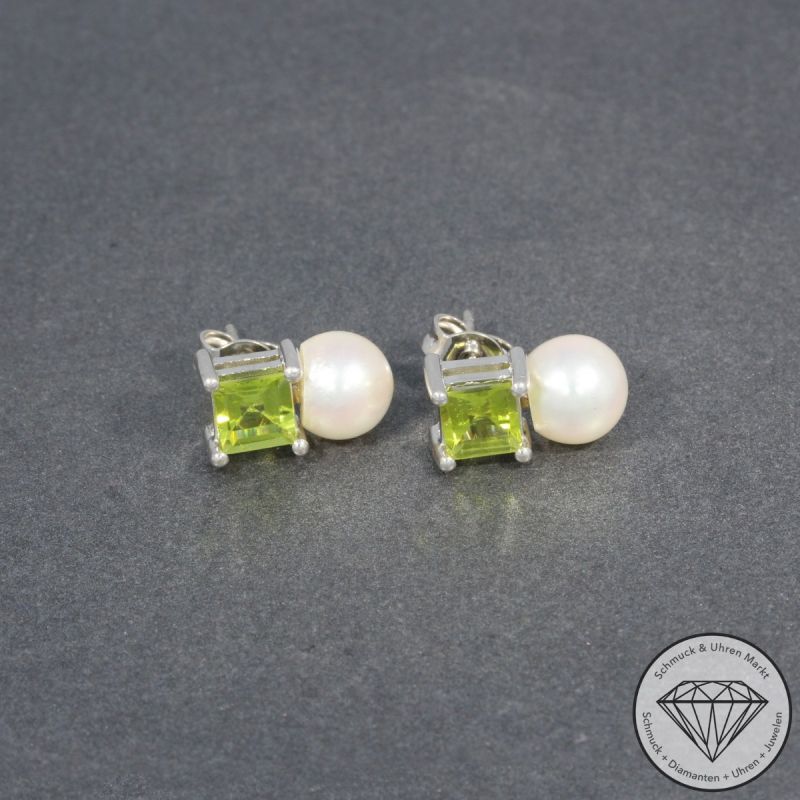 Wert 790 € Peridot Perl Ohrringe in 585er 14 K Weißgold - 97468