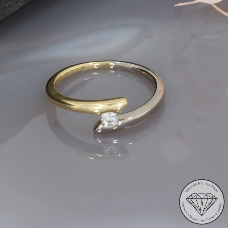 Wert 850 € Bicolor Solitär Brillant Ring (ca. 0,09 carat) in 750er 18 K Gold - 97773