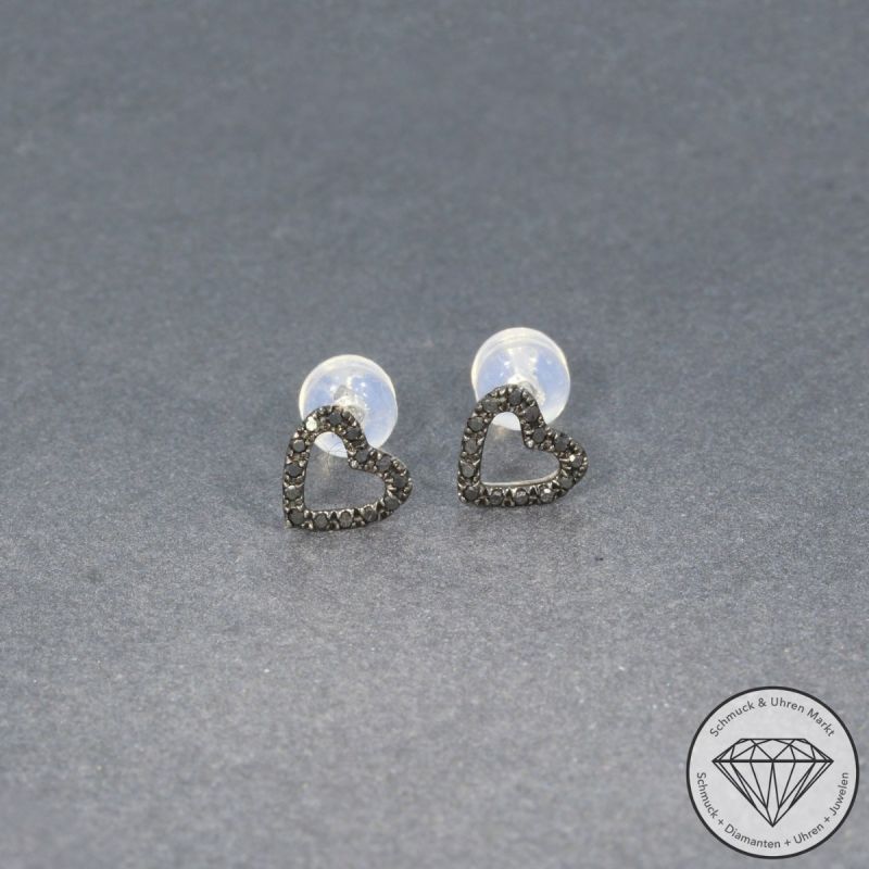 Wert 510 € schwarze Diamant Herz Ohrringe (0,12 carat) in 750er 18 K Weißgold - H1748