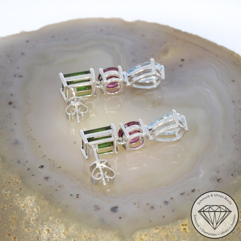 Wert 2690 € Aquamarin Rhodolith Turmalin Ohrringe in 585er 14 K Weißgold - 99081