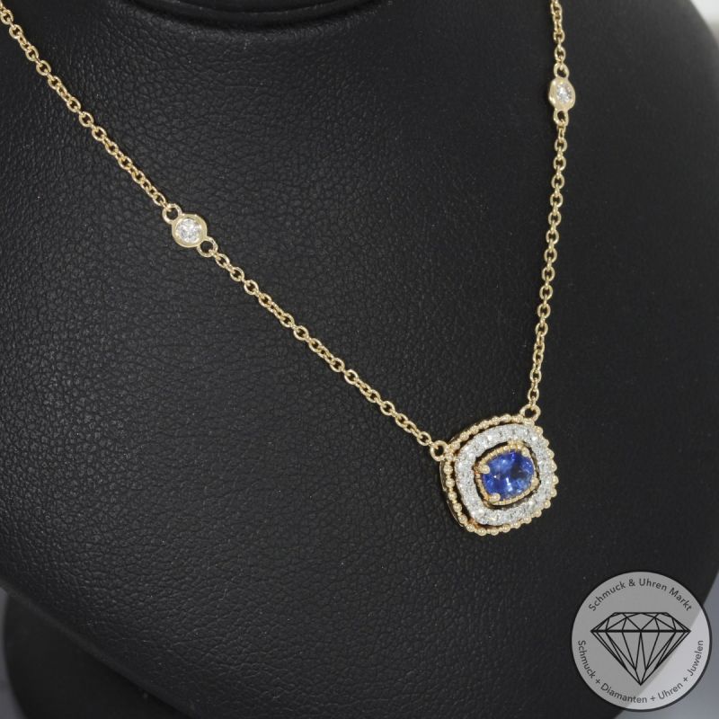 Wert 2290 € Brillant Diamant Saphir Collier in 585er 14 K Gelbgold 950er Platin - 99164