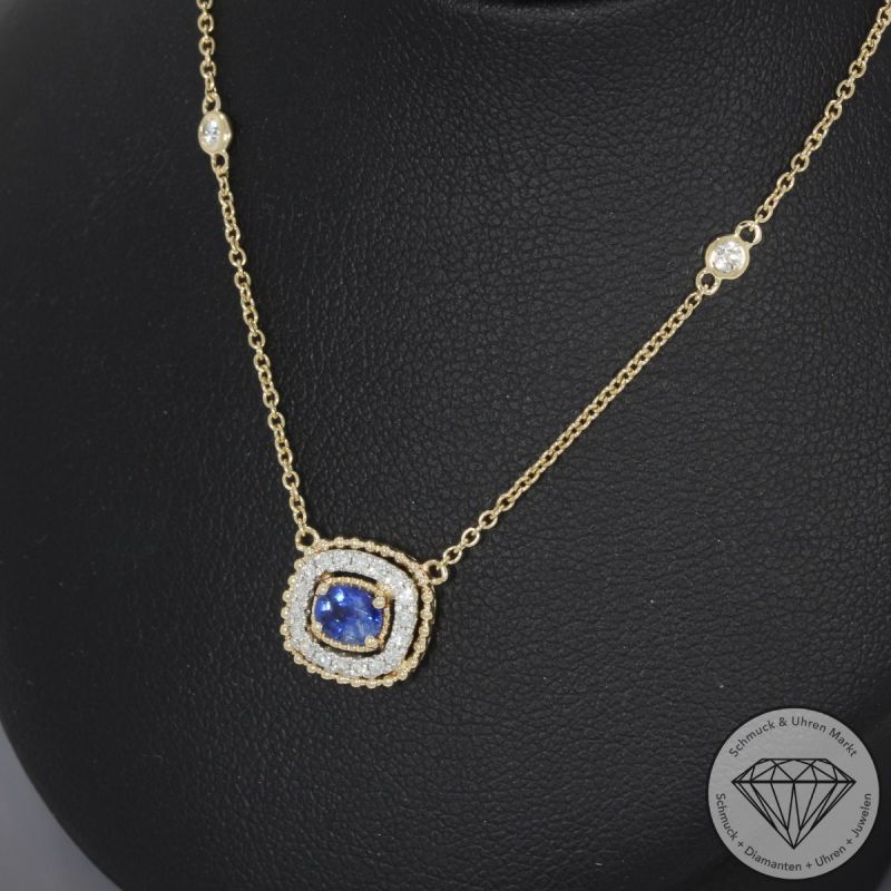 Wert 2290 € Brillant Diamant Saphir Collier in 585er 14 K Gelbgold 950er Platin - 99164