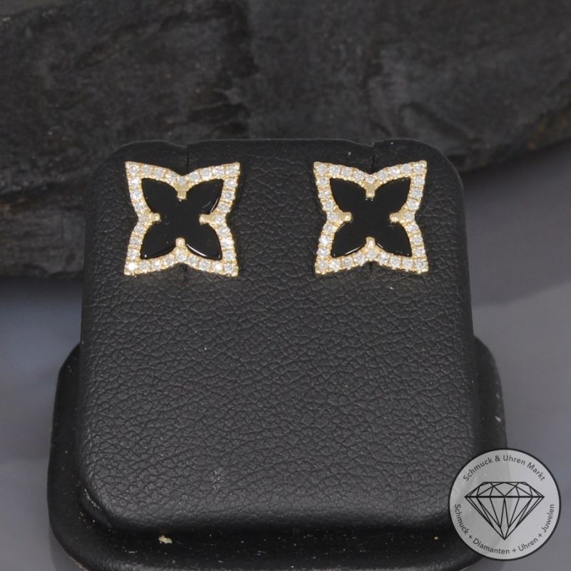 Wert 1890 € Diamant Onyx Ohrstecker in 585er 14 K Gelbgold - 99396