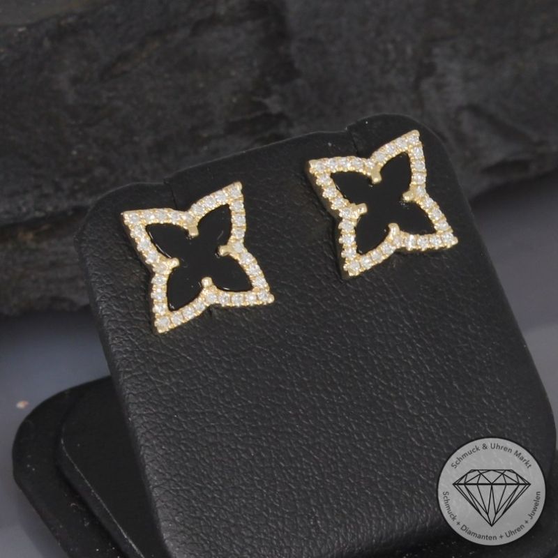 Wert 1890 € Diamant Onyx Ohrstecker in 585er 14 K Gelbgold - 99396