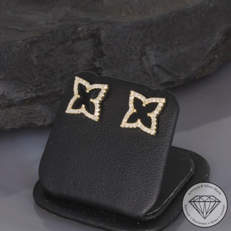 Wert 1890 € Diamant Onyx Ohrstecker in 585er 14 K Gelbgold - 99396