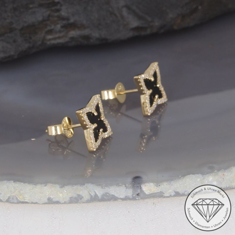 Wert 1890 € Diamant Onyx Ohrstecker in 585er 14 K Gelbgold - 99396