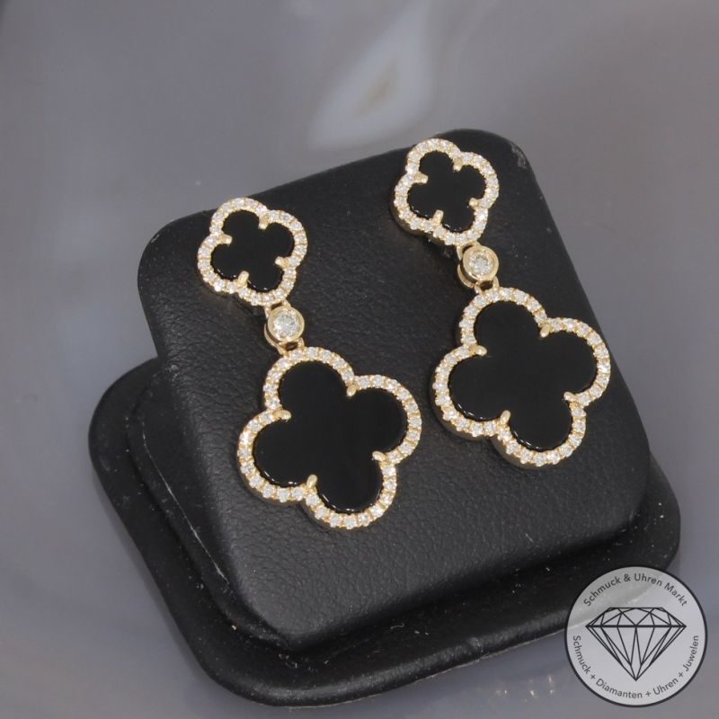 Wert 3190 € Brillant Diamant Onyx Ohrringe in 585er 14 K Gelbgold - 99400