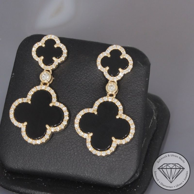 Wert 3190 € Brillant Diamant Onyx Ohrringe in 585er 14 K Gelbgold - 99400