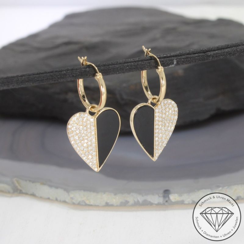 Wert 2750 € Creolen mit Diamant Onyx Anhängern in 585er 14 K Gelbgold - 99431