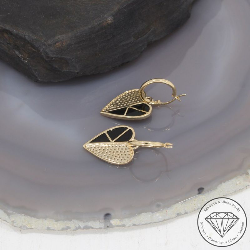 Wert 2750 € Creolen mit Diamant Onyx Anhängern in 585er 14 K Gelbgold - 99431