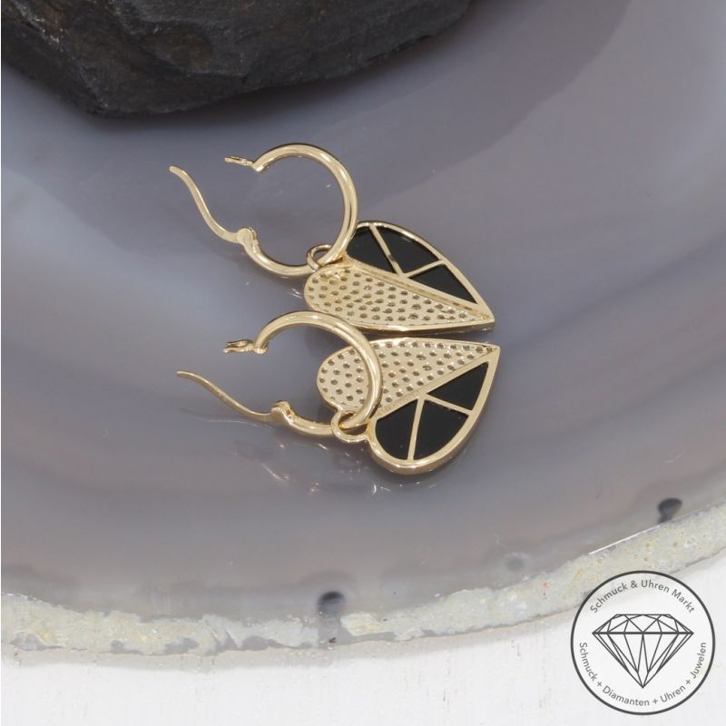 Wert 2750 € Creolen mit Diamant Onyx Anhängern in 585er 14 K Gelbgold - 99431