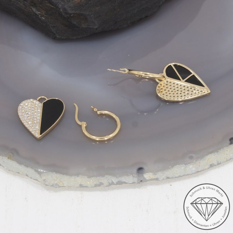 Wert 2750 € Creolen mit Diamant Onyx Anhängern in 585er 14 K Gelbgold - 99431