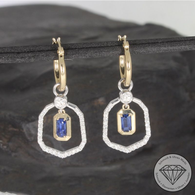 Wert 2950 € Brillant Diamant Saphir Creolen in 585er 14 K Gelbgold & 950er Platin - 99471